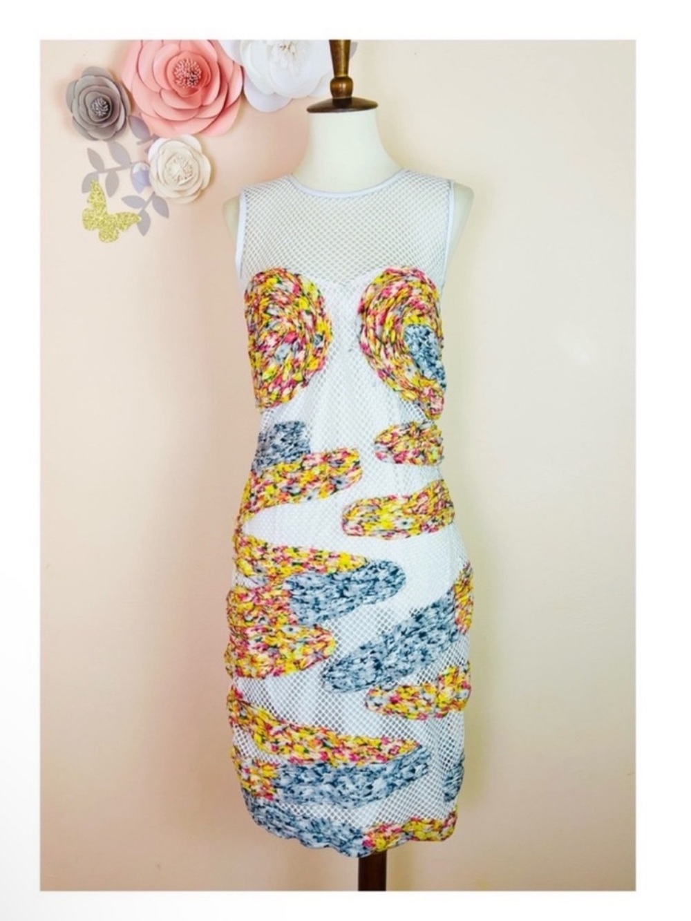New! YIGAL AZROUEL Multicolor Silk Trim Mesh Net Dress